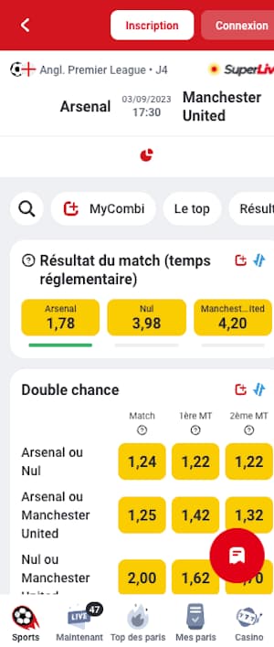 arsenal vs man united cotes betclic