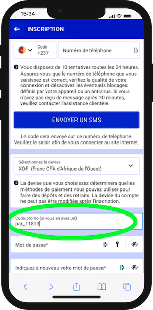 paripesa cameroun inscription avec code promo 