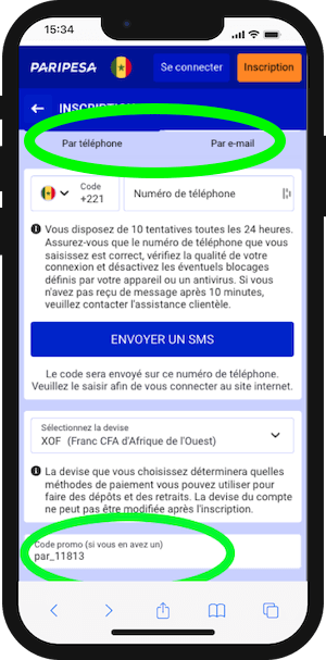 paripesa senegal inscription avec code promo 